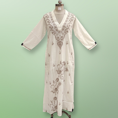 S/M Teena Embroidery White Cotton Dress 57&quot; Long Jalabiya