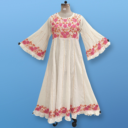 L/XL Yaqu Crystal Embroidery White Cotton Dress 57&quot; Long Jalabiya
