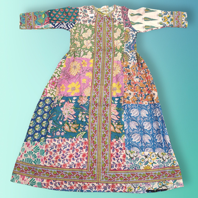 10-11 Year Bhopali Patch Multi Printed Cotton Girls Dress 46&quot; Long Jalabiya