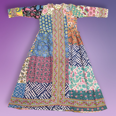 10-11 Year Bhopali Patch Multi Printed Cotton Girls Dress 46&quot; Long Jalabiya