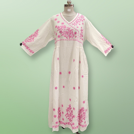 2XL/3XL Lairah Embroidery White Cotton Dress 56&quot; Long Jalabiya