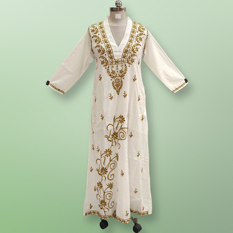 S/M Teena Embroidery White Cotton Dress 58&quot; Long Jalabiya