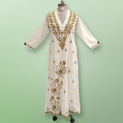 S/M Teena Embroidery White Cotton Dress 58&quot; Long Jalabiya