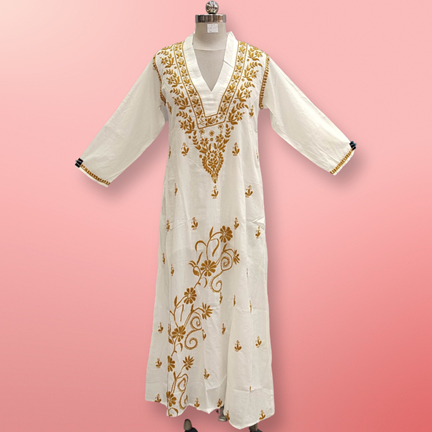 S/M Teena Embroidery White Cotton Dress 57&quot; Long Jalabiya