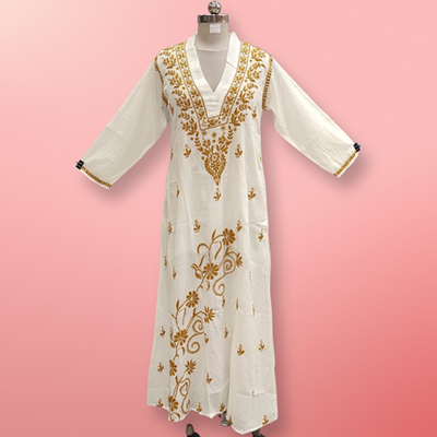S/M Teena Embroidery White Cotton Dress 57&quot; Long Jalabiya