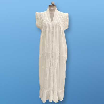2XL/3XL Amani Embroidery White Cotton Dress 57&quot; Short Sleeves Jalabiya