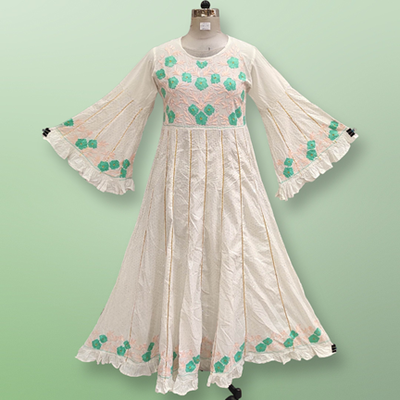 XS/S Yaqu Crystal Embroidery White Cotton Dress 56&quot; Long Jalabiya