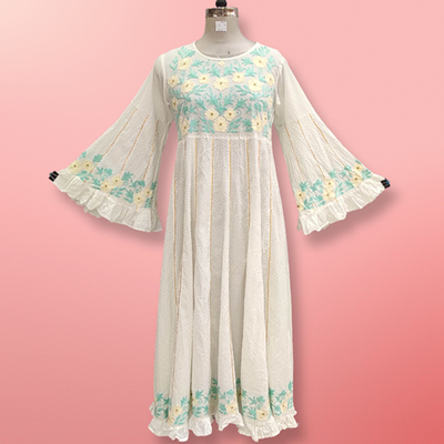 XS/S Yaqu Crystal Embroidery White Cotton Dress 54&quot; Long Jalabiya