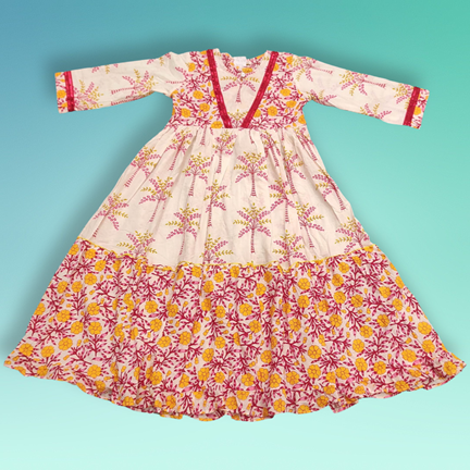 8-9 Year Zahida red Printed Cotton Girls Dress 42&quot; Long Jalabiya