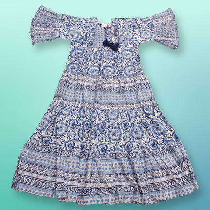 10-11 Year Gaby Crystal Blue Printed Cotton Girls Dress 47&quot; Long Jalabiya