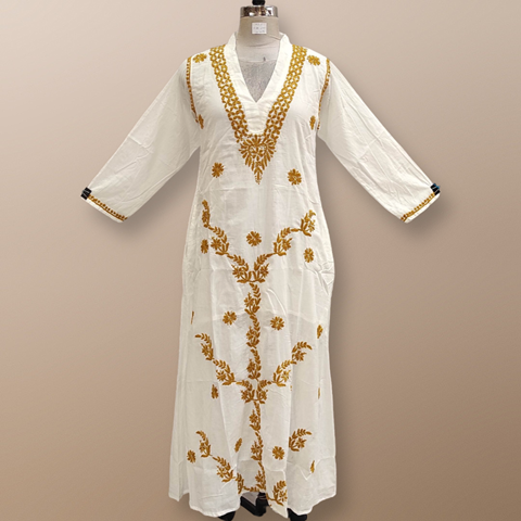 XS/S Teena Embroidery White Cotton Dress 54&quot; Long Jalabiya