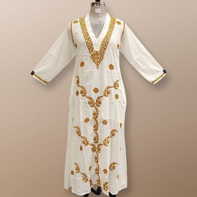 XS/S Teena Embroidery White Cotton Dress 54&quot; Long Jalabiya