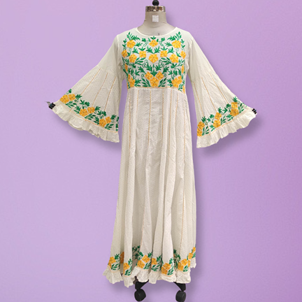 S/M Yaqu Crystal Embroidery White Cotton Dress 57&quot; Long Jalabiya