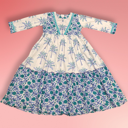 8-9 Year Zahida blue Printed Cotton Girls Dress 42&quot; Long Jalabiya