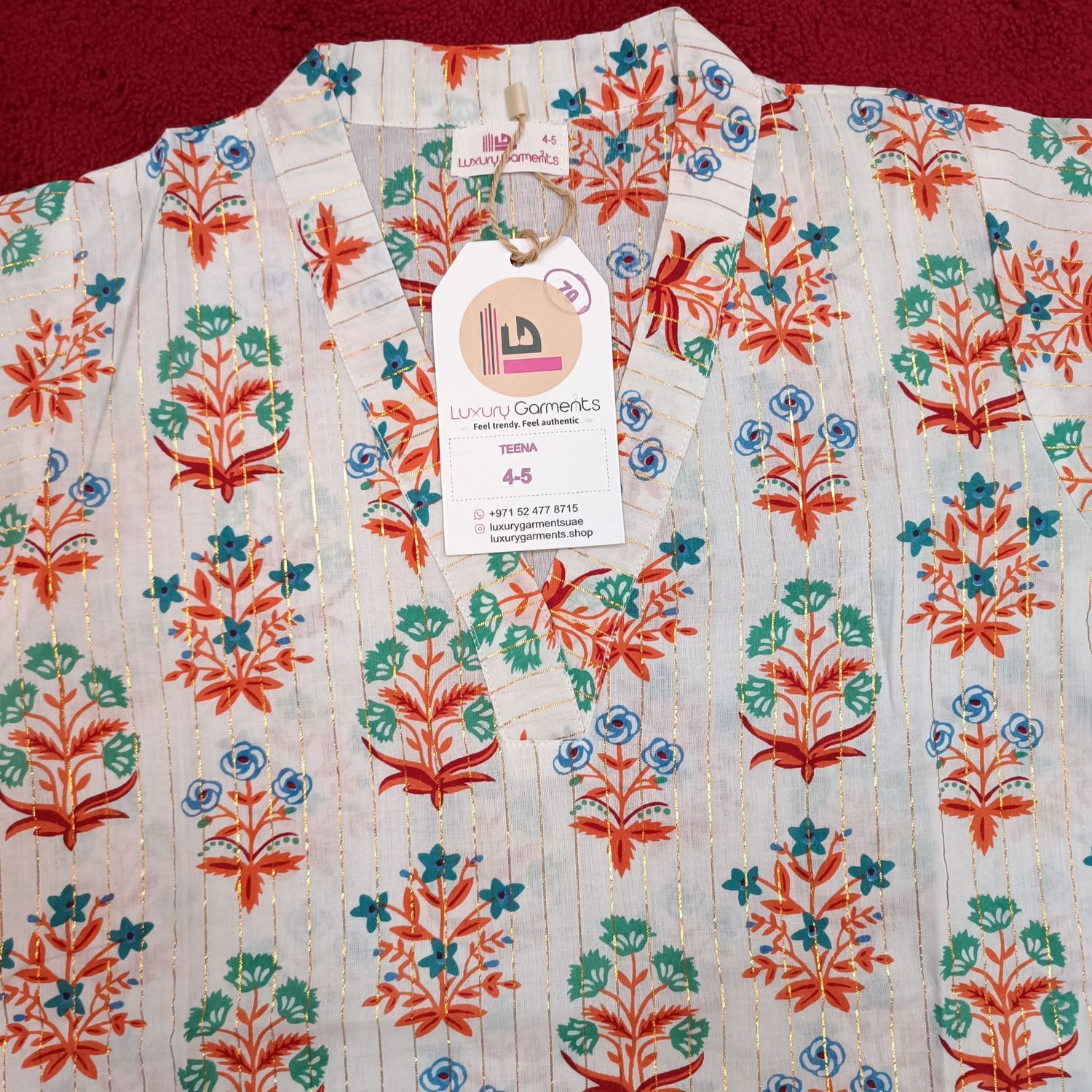 4-5 Year Teena Printed Cotton Girls Dress 34&quot; Long Jalabiya