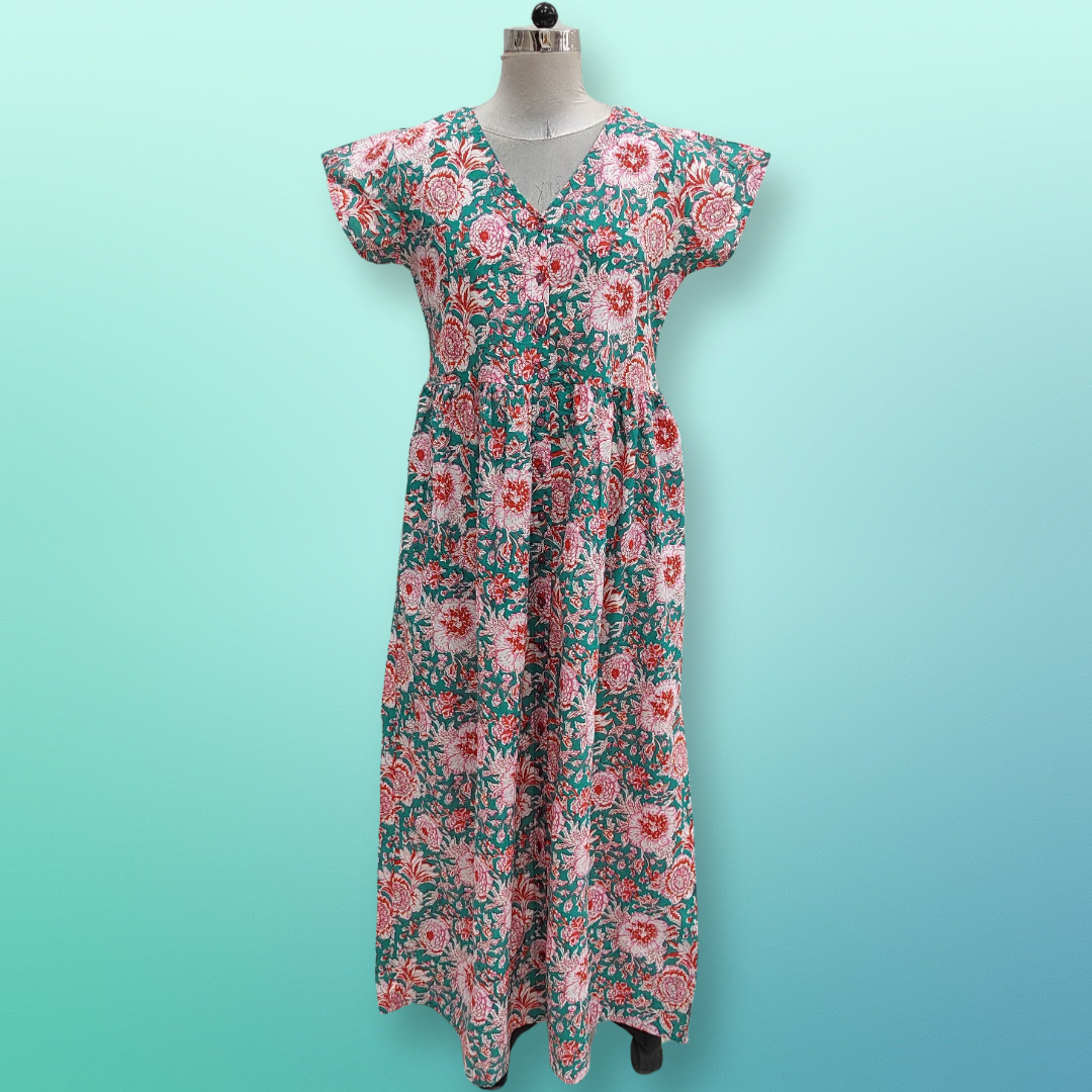 2XL/3XL Turquoise Precious Printed Cotton Jalabiya Dress 57&quot; Long