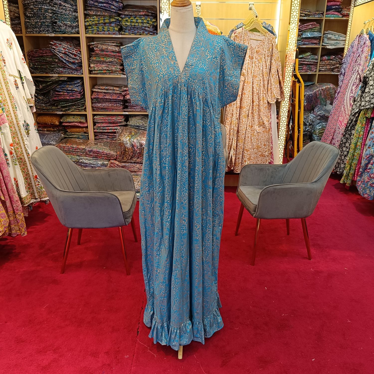 L-XL Amani Blue and Gold Cotton Dress 57&quot; Short Sleeves Jalabiya