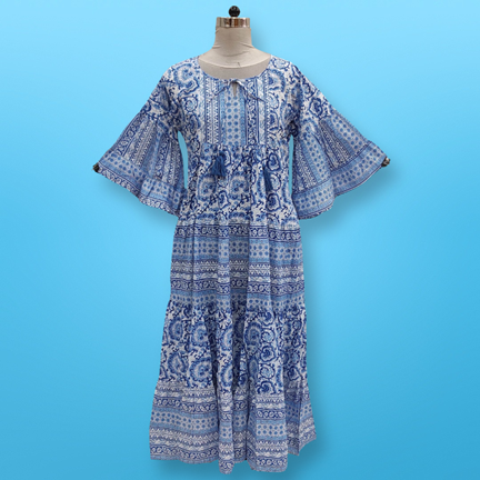 S/M Gaby Blue Printed Cotton Dress 57&quot; Long Jalabiya