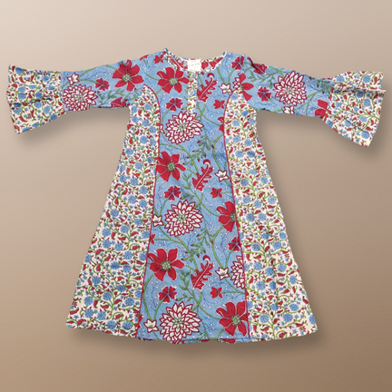 4-5 Year Marry Blue Printed Cotton Girls Dress 33&quot; Long Jalabiya