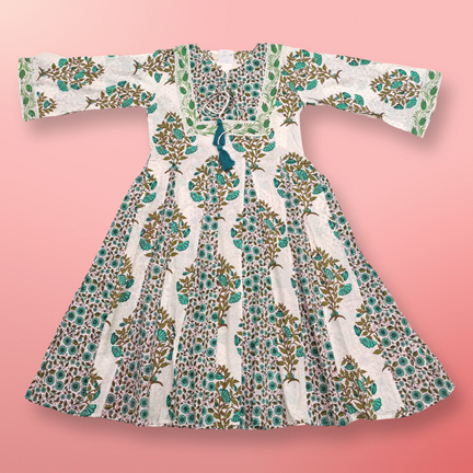 10-11 Year Anaya Crystal Green Printed Cotton Girls Dress 46&quot; Long Jalabiya