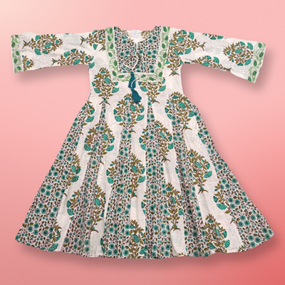 10-11 Year Anaya Crystal Green Printed Cotton Girls Dress 46&quot; Long Jalabiya