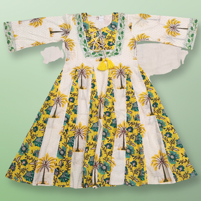 10-11 Year Anaya Crystal Yellow Printed Cotton Girls Dress 45&quot; Long Jalabiya