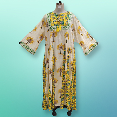 2XL/3XL Anaya Crystal Yellow Printed Cotton Dress 57&quot; Long Jalabiya