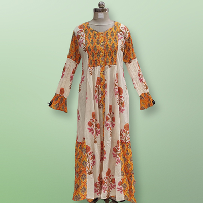 2XL/3XL Ashbah Printed Cotton Dress 57&quot; Long Sleeves Jalabiya