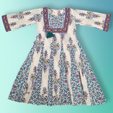 6-7 Year Anaya Crystal Purple Printed Cotton Girls Dress 37&quot; Long Jalabiya