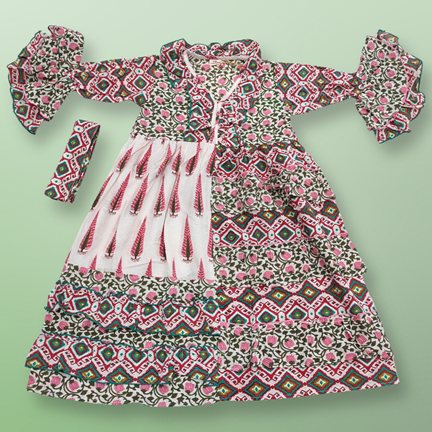 2-3 Sabah Green Printed Cotton Dress 30&quot; Long Jalabiya