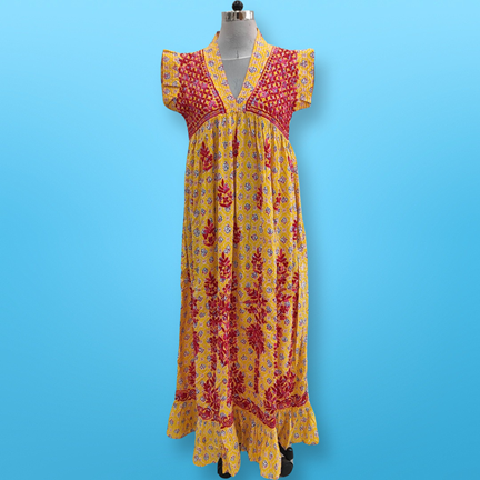 L/XL Amani Embroidery Yellow Cotton Dress 57&quot; Short Sleeves Jalabiya