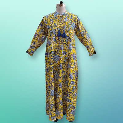 S/M Anisa Printed Cotton Dress 57&quot;  Long Sleeves Jalabiya