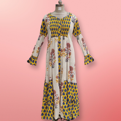 L/XL Ashbah Printed Cotton Dress 57&quot; Long Sleeves Jalabiya