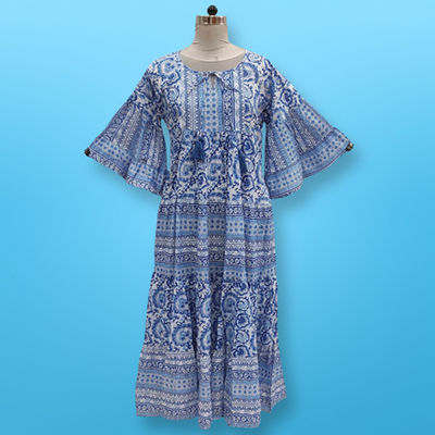 L/XL Gaby Blue Printed Cotton Dress 57&quot; Long Jalabiya