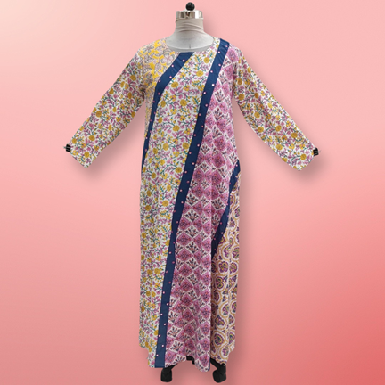 S/M Nury Multi Printed Cotton Dress 56&quot; Long Jalabiya