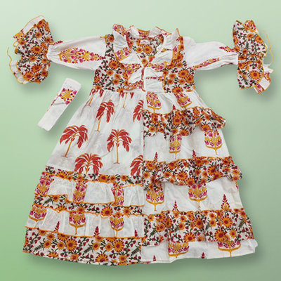 8-9 Sabah Yellow Printed Cotton Dress 42&quot; Long Jalabiya