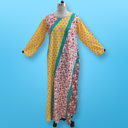 S/M Nury Multi Printed Cotton Dress 56&quot; Long Jalabiya