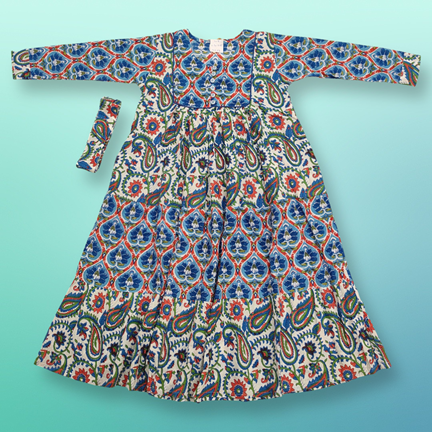 10-11 Year Yumna Printed Cotton Girls Dress 46&quot; Long Jalabiya