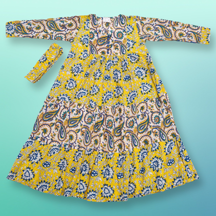 10-11  Year Yumna Printed Cotton Girls Dress 46&quot; Long Jalabiya