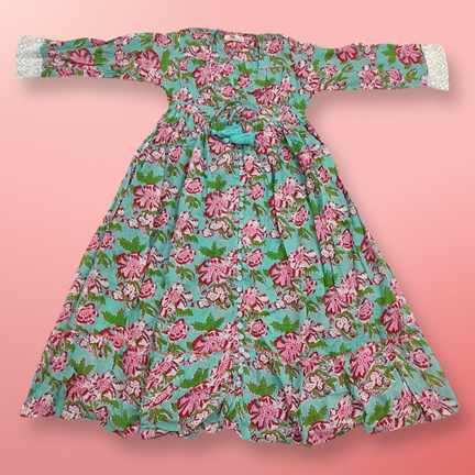 4-5 Year Ari Green Printed Cotton Girls Dress 34&quot; Long Jalabiya