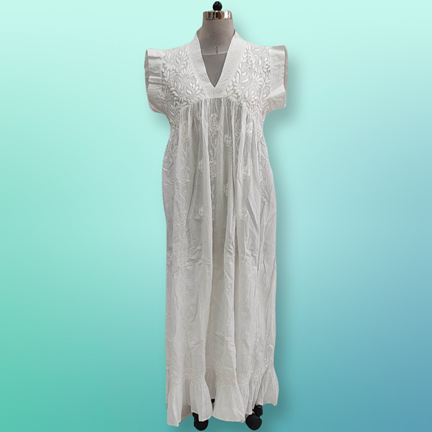2XL/3XL Amani Embroidery White Cotton Dress 57&quot; Short Sleeves Jalabiya