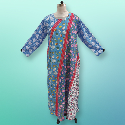 L/XL Nury Crystal Multi Printed Cotton Dress 56&quot; Long Jalabiya