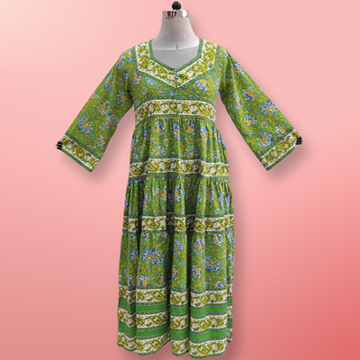 12-13 Year Huda Green Printed Cotton Girls Dress 50&quot; Long Jalabiya