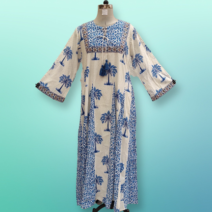 2XL-3XL Anaya Crystal Blue Printed Cotton Girls Dress 57&quot; Long Jalabiya