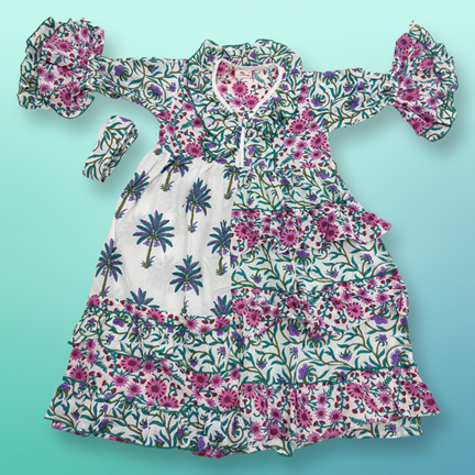 6-7 Sabah Pink Printed Cotton Dress 38&quot; Long Jalabiya