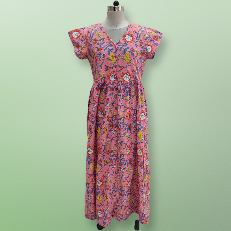 2XL/3XL Pink Precious Printed Cotton Jalabiya Dress 57&quot; Long