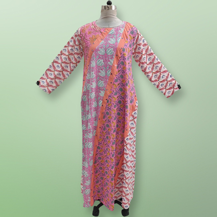 S/M Nury Multi Printed Cotton Dress 56&quot; Long Jalabiya