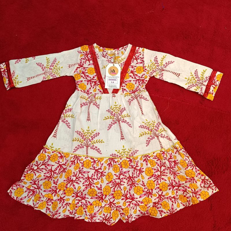 1-2 Year Zahida Red Printed Cotton Girls Dress 26&quot; Long Jalabiya