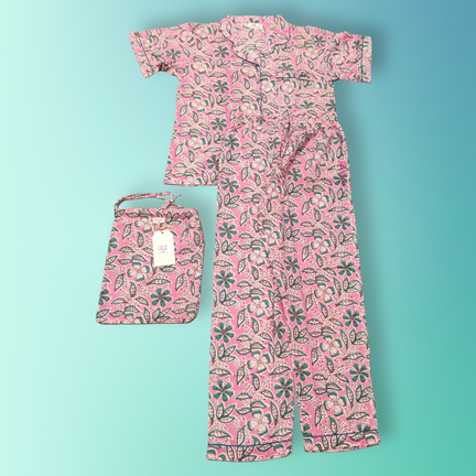 S Pajama Cotton Short Sleeves Shirt Collar Neck Full Pajama Set
