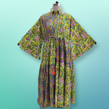 S/M Fatim Multi Printed Cotton Dress 57&quot; Long Jalabiya